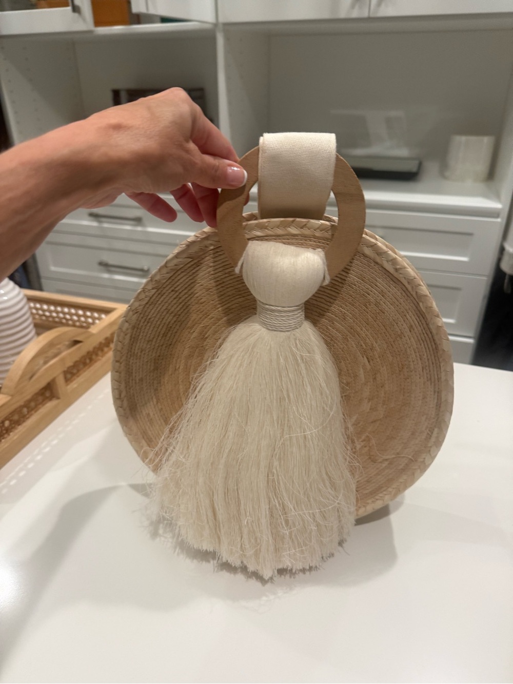 Kere Round Straw Tassel Handbag in Natural & Cream